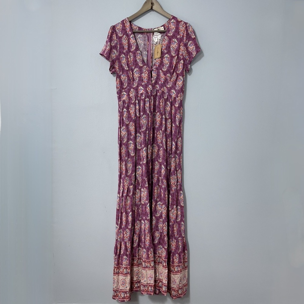 Natural Life Evangeline Maxi Dress Medium Purple Floral Pockets Short Sleeve NEW